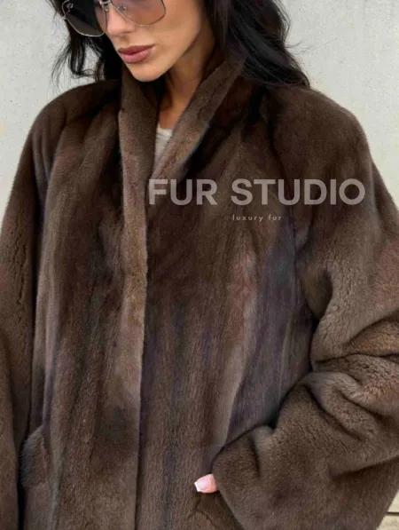 Норковая шуба, цельный мех PREMIUM COLLECTION VELVET - цвет соболь - фото 1