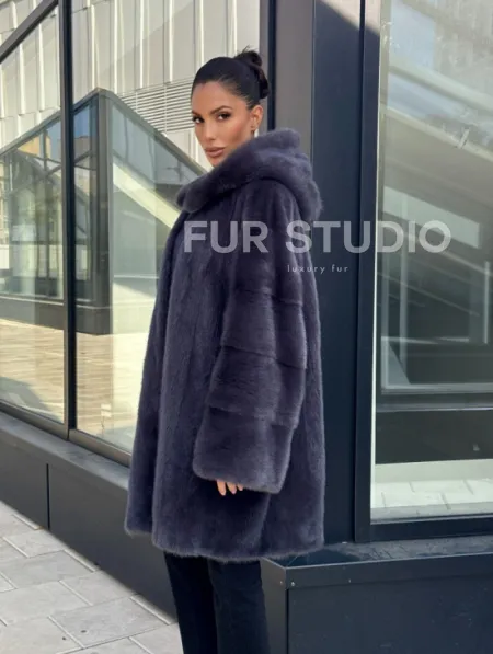 Норковая шуба с капюшоном,  роспуск - темный графит - фото 5