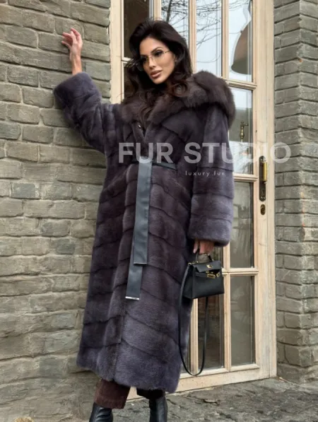 Удлиненная шуба из меха норки с капюшоном куница - фото 4