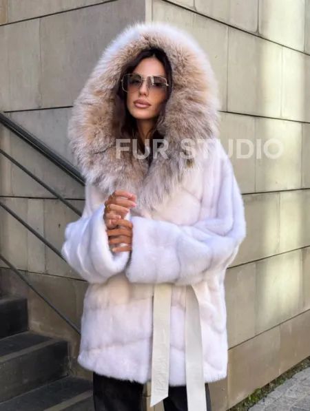 Норковая шуба с мехом рыси - белая - фото 12