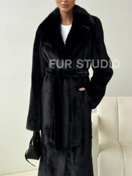 Черная норковая шуба с поясом - фото 3