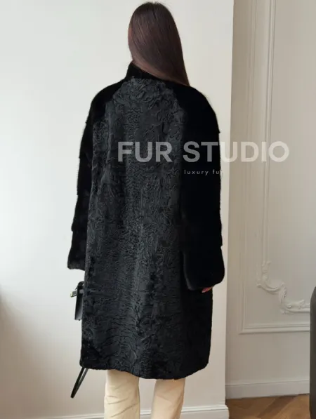 Шуба из каракуля с норкой - стойка воротник - фото 9