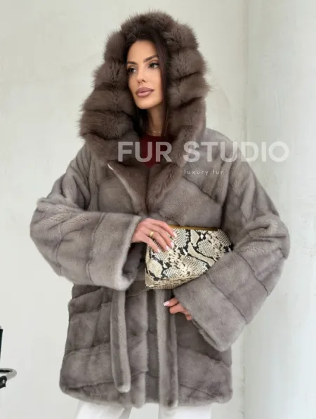 Серый норковый полушубок - капюшон куница - фото 6