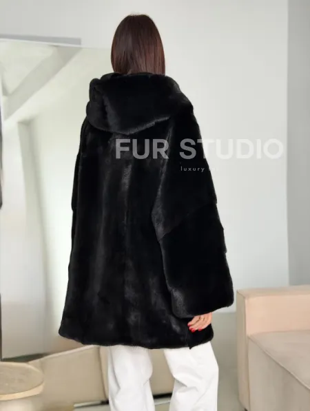 Норка шуба BLACKGLAMA паркет кимоно с капюшоном - фото 7