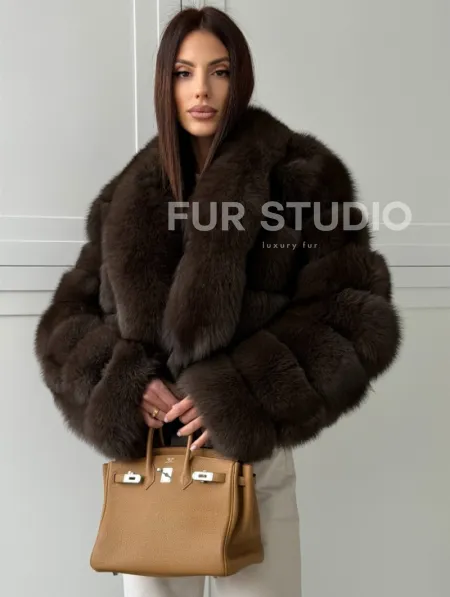 Полушубок-кроп из песца с шалевым воротником - фото 6