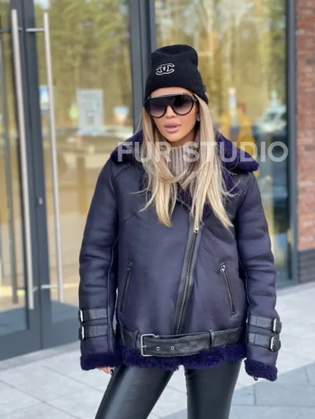 Авиатор из натуральной овчины в синем цвете - фото 0