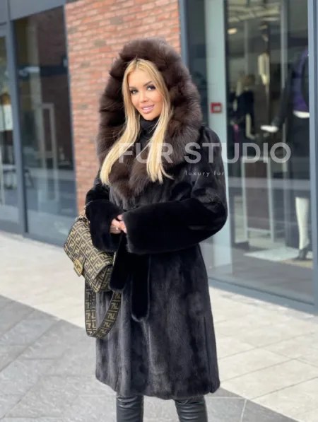 Норковая шуба с капюшоном из меха соболя  седена 1/2 - фото 0