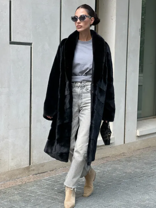 Шуба из скандинавского меха норки Saga furs с шалевым воротником - фото 9