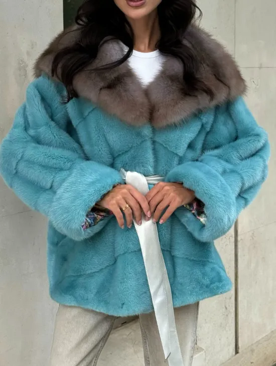 Шуба Autolady из норки с капюшоном из меха куницы - цвет тиффани - фото 2