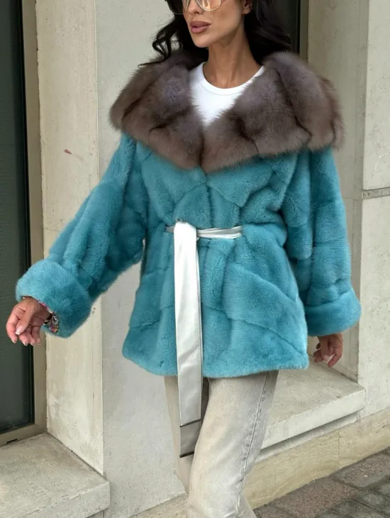 Шуба Autolady из норки с капюшоном из меха куницы - цвет тиффани - фото 4