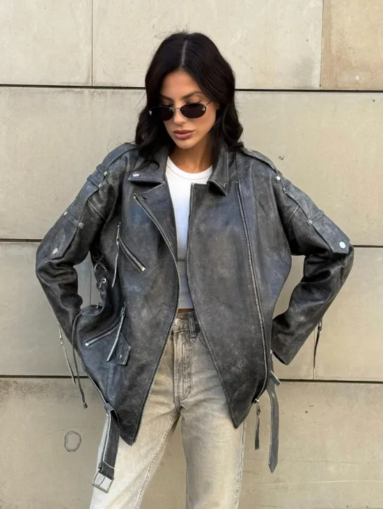 Куртка-косуха винтажная из натуральной кожи со шнуровкой - фото 11