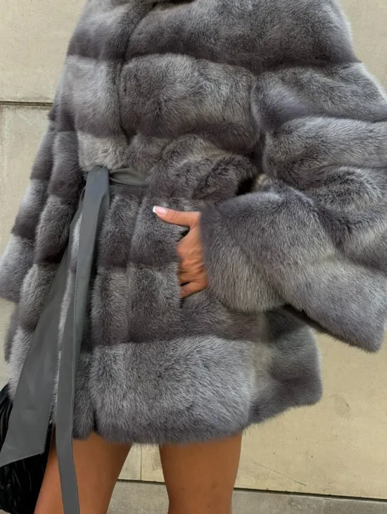 Норковая шуба с рукавом трансформер, капюшон - цвет PLATINUM (СЕРЫЙ) - фото 2