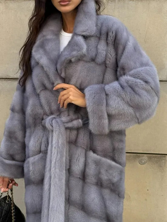 Голубая шуба New Fashion из меха аукционной норки, английский воротник - фото 3