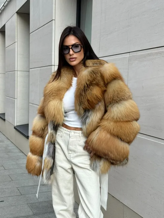 Шуба из меха рыжей лисы в натуральном цвете, паркетной раскладке - фото 9