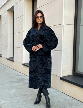 Пальто из меха каракуля с V-образным воротником, цвет Indigo Blue - фото 0