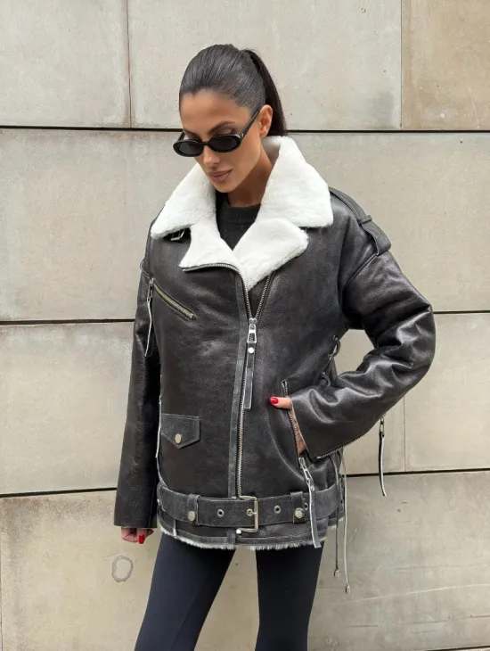 Дубленка-авиатор из натуральной овчины Dark Grey Vintage, со шнуровкой по боковому шву - фото 13