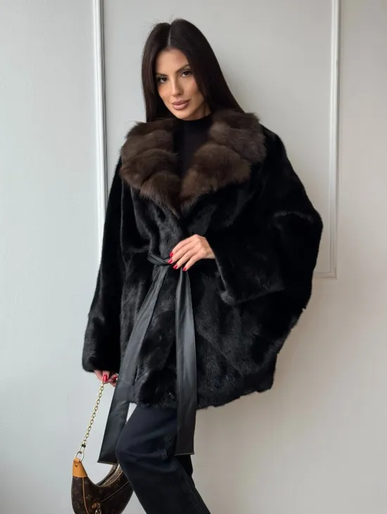 Полушубок из норки Black с воротником из меха темной куницы - фото 0