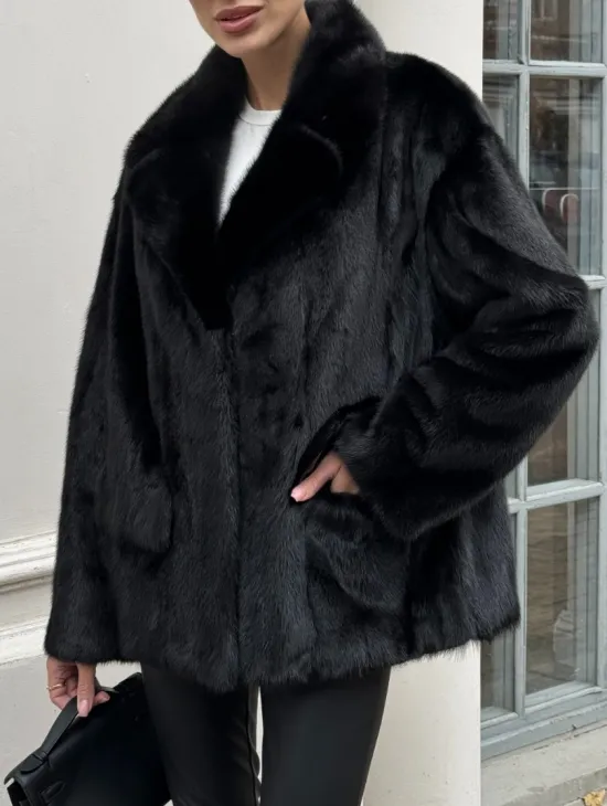 Черная норковая шуба - жакет с английским воротником - фото 1