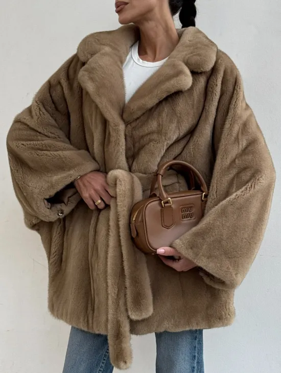 Шуба норковая SAGA FURS летучая мышь в натуральном цвете пастель - фото 2