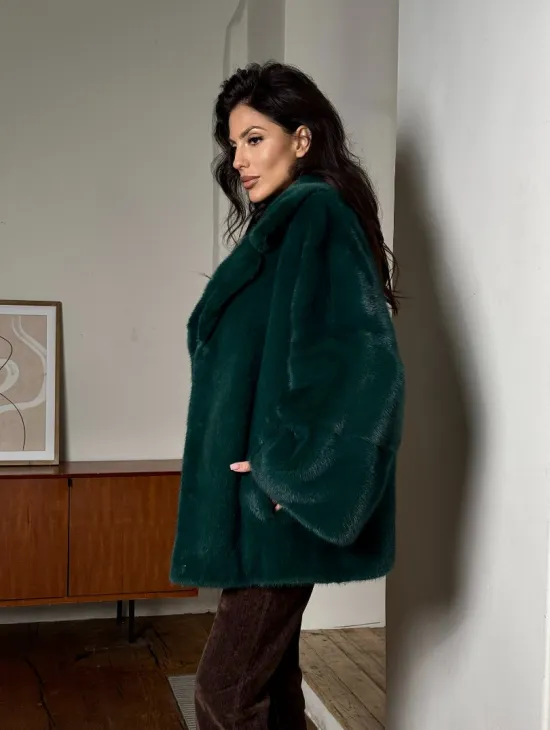 Изумрудная укороченная норковая шуба с английским воротником - фото 11