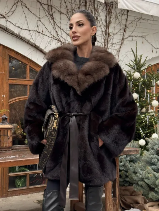 Норковый полушубок Mahogany с воротником из меха куницы - Летучая мышь - фото 4