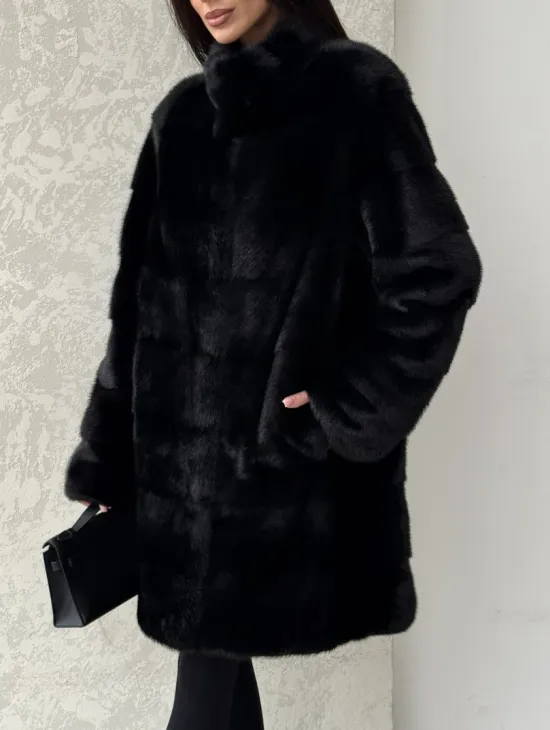 Норковая шуба в черном цвете воротник стойка - фото 1
