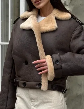 Кроп - дубленка двубортная Dark brown на пуговицах - фото 2