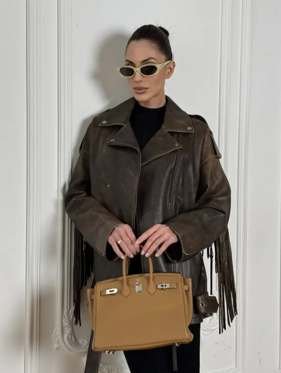 Косуха Vintage brown с кожаной бахромой на спине - фото 7