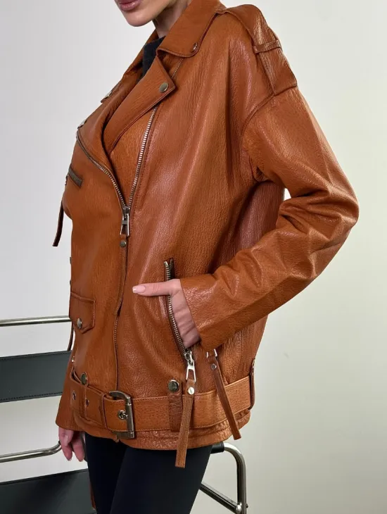 Удлиненная косуха «Прямой Оверсайз» из натуральной кожи whiskey - фото 1