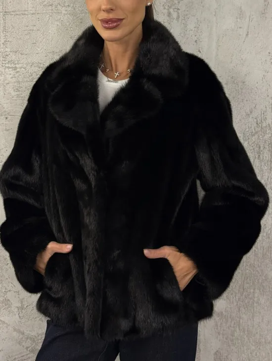 Черный норковый кроп - жакет с английским воротником - фото 1