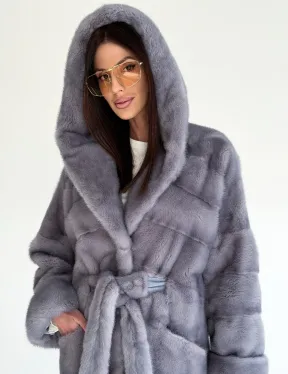 Удлиненная норковая шуба - кимоно с капюшоном - фото 2