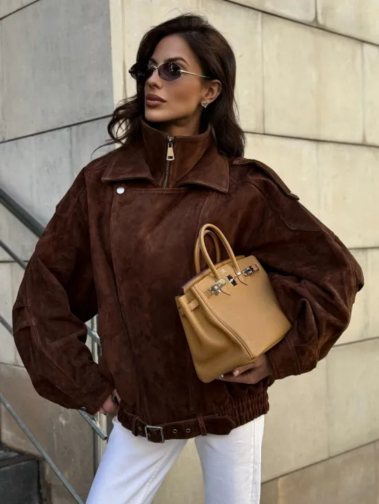 Винтажная куртка - бомбер из замши в коричневом цвете - фото 6