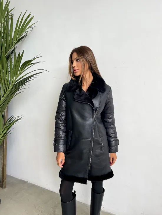 Удлиненная черная дубленка авиатор - фото 1