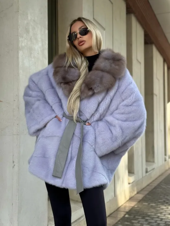 Шуба из норки короткая с куницей воротник - фото 8