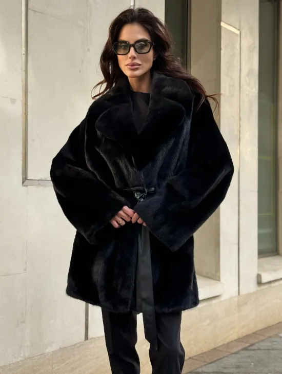 Полушубок из норки с английским воротником - черный - фото 0