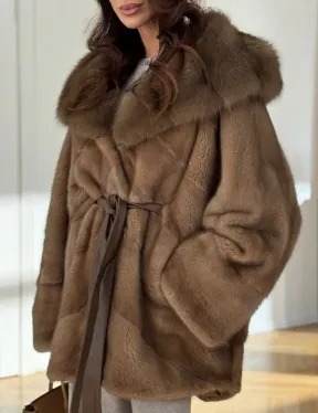 Шуба норковая бежевая с капюшоном - фото 1