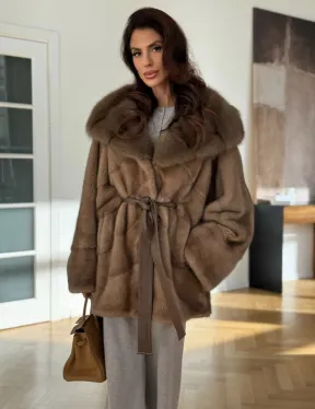 Шуба норковая бежевая с капюшоном - фото 3
