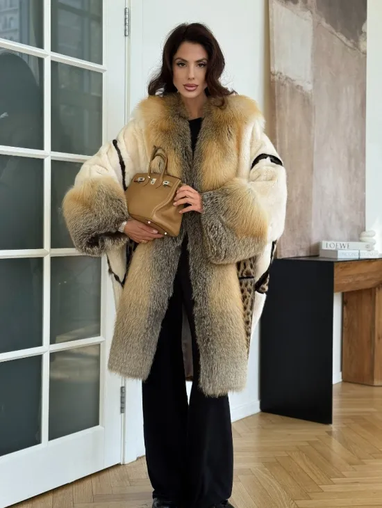 Комбинированная норковая шуба с мехом лисы - белый - фото 5