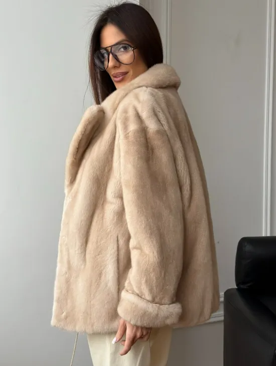 Норковый полушубок в натуральном цвете пастель - фото 9
