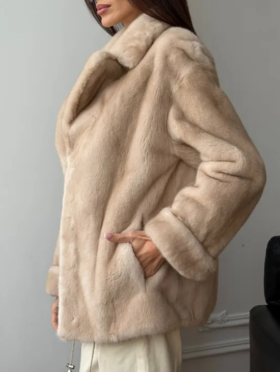 Норковый полушубок в натуральном цвете пастель - фото 3