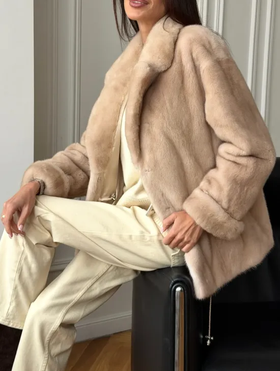 Норковый полушубок в натуральном цвете пастель - фото 5