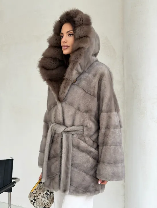 Серый норковый полушубок - капюшон куница - фото 10