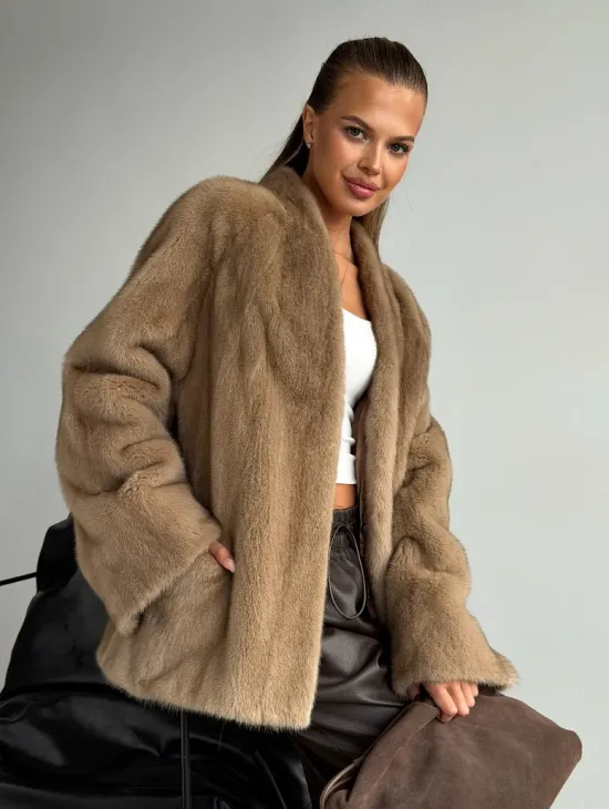 Норковый полушубок V-образный воротник - фото 0