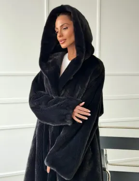 Шуба из норки BLACKGLAMA  с капюшоном в роспуск - фото 5