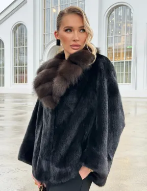 Черный норковый жакет с воротником куницы - фото 0