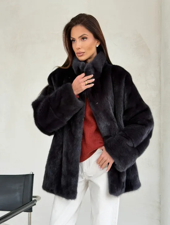 Норковый полушубок графит - стойка воротник - фото 5