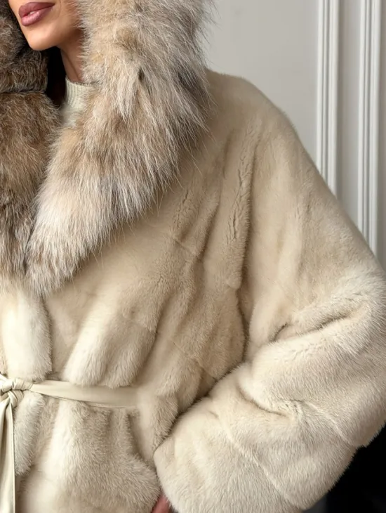 Длинная норковая шуба - капюшон из меха рыси - фото 1