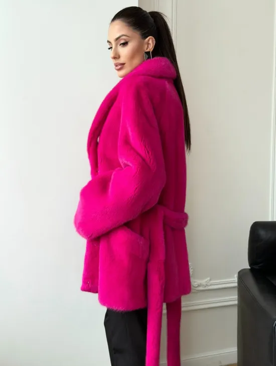 Шуба из плюшевой норки Velvet - фуксия - фото 7