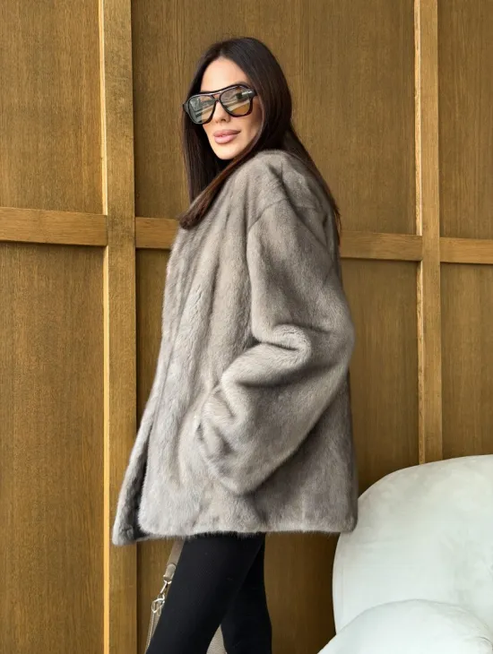Норковый жакет в натуральном сером цвете - фото 11