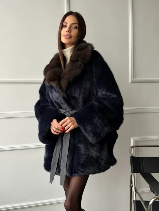 Норковый полушубок летучая мышь с воротником куницы  Dark Blue - фото 9
